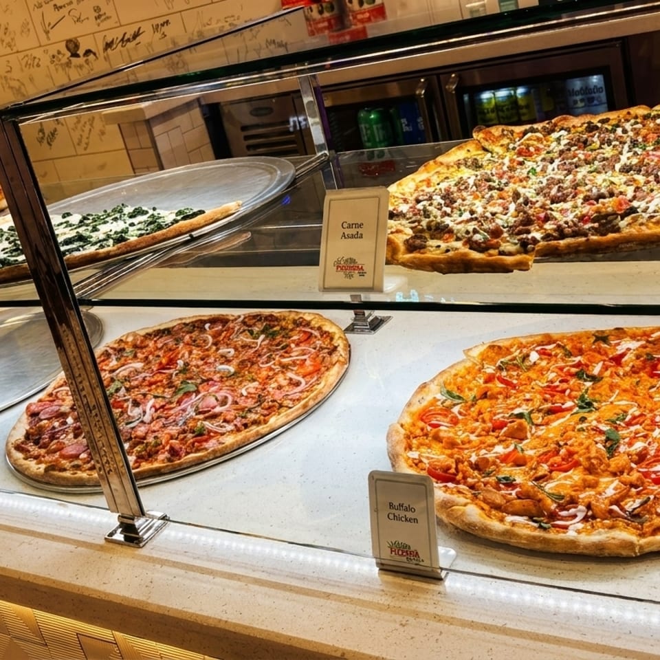 A display case at a pizzeria filled with various whole pizzas, including Buffalo Chicken and Carne Asada.