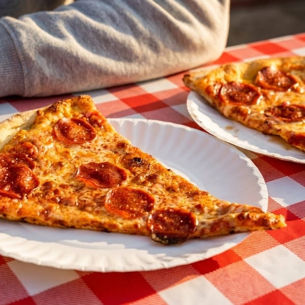 Two pepperoni pizza slices on paper plates, on a red and white checkered tablecloth.