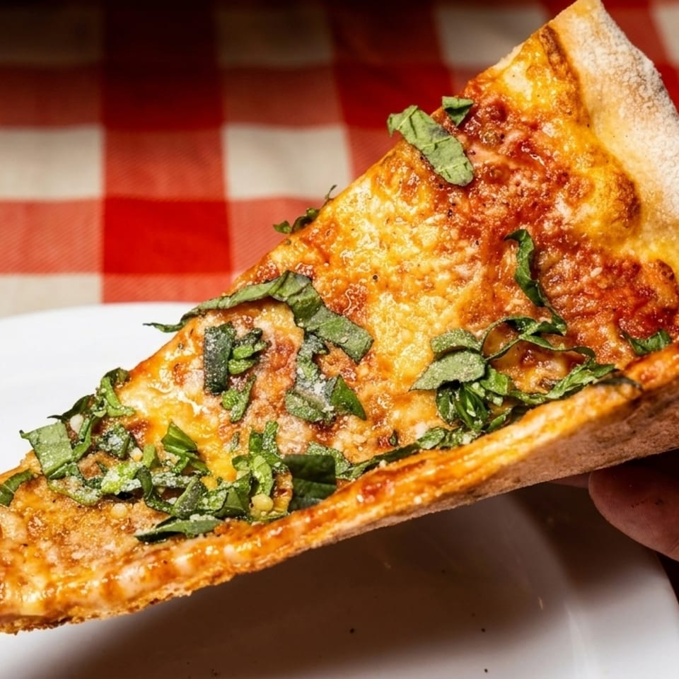 A hand holds a slice of cheese pizza with basil over a white plate and red checkered tablecloth.