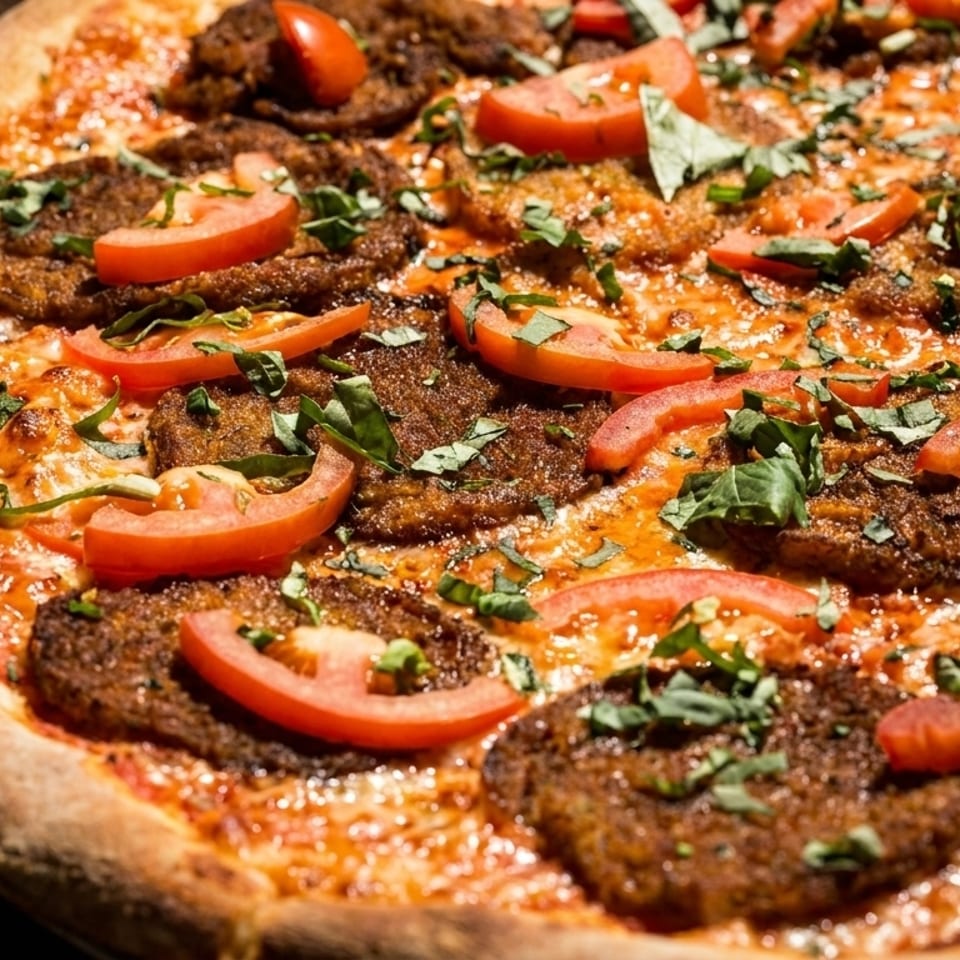Close-up of a pizza topped with tomato sauce, cheese, sliced tomatoes, and dark, round toppings.