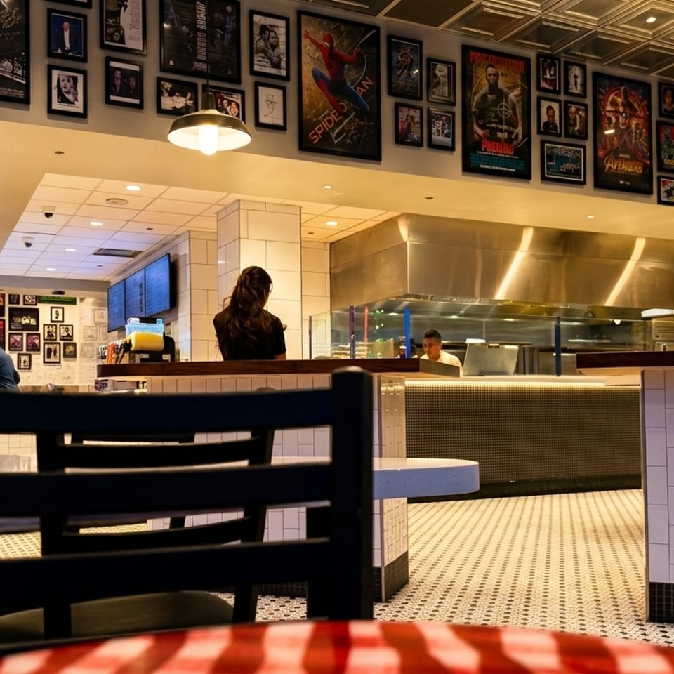 Restaurant interior with movie posters, checkered floor, and people at a counter and tables.