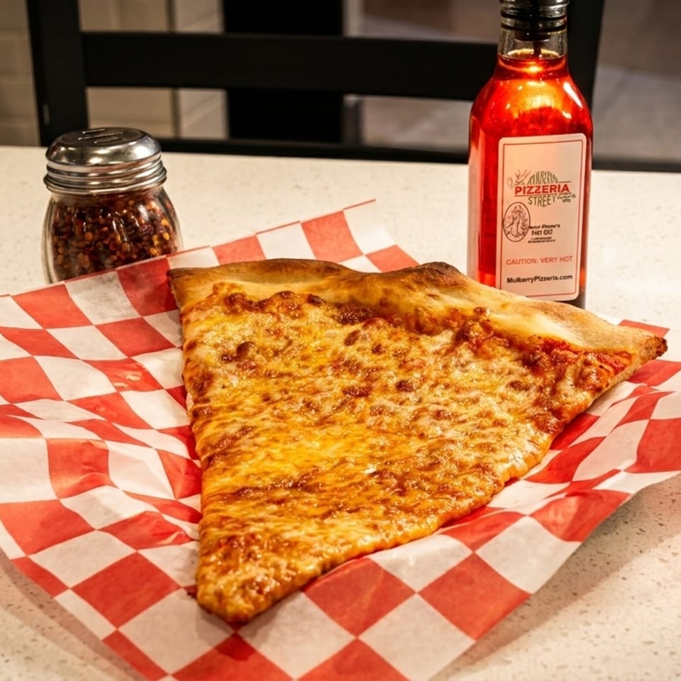 A slice of cheese pizza on red and white checkered paper, with chili flakes and hot oil.