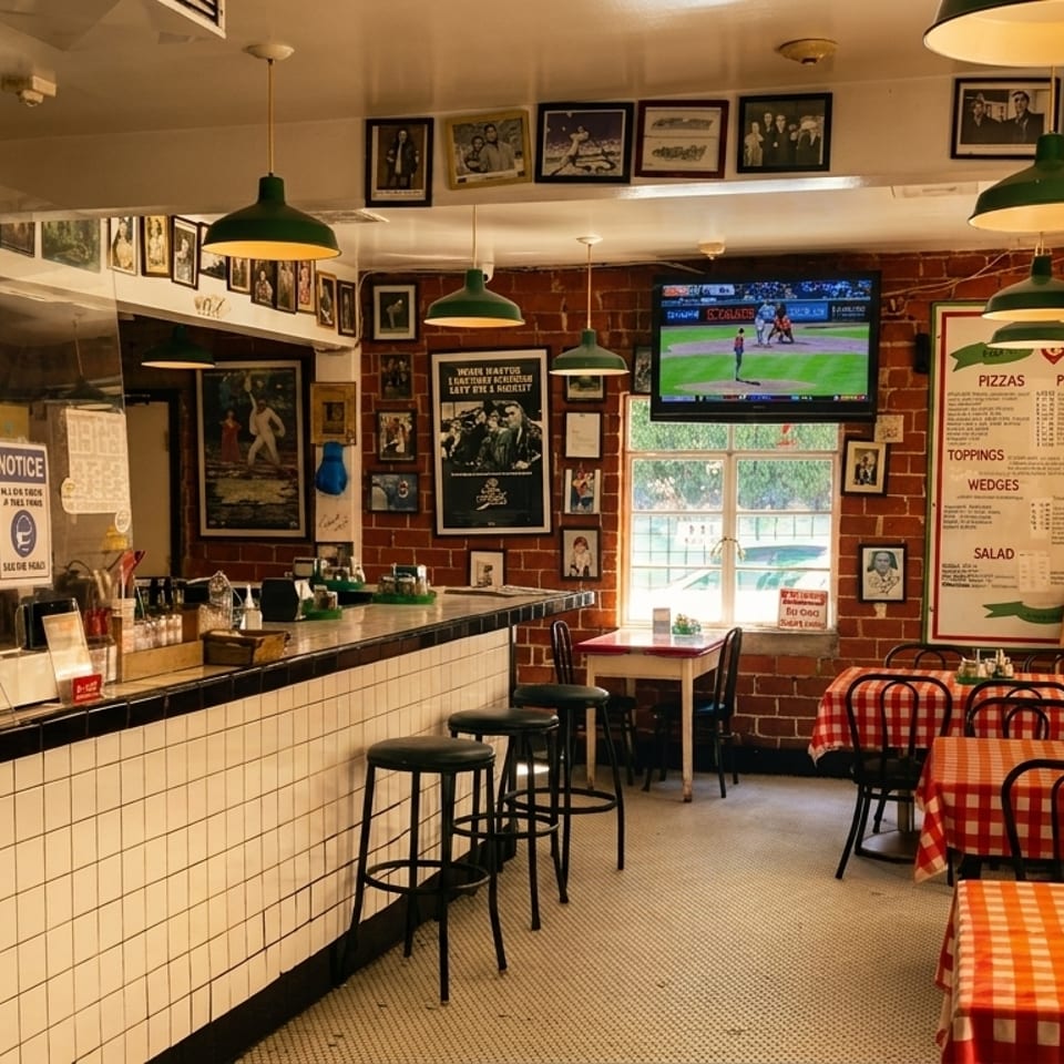 Cozy pizza restaurant interior with checkered tablecloths, brick walls, a counter, and TVs showing baseball.