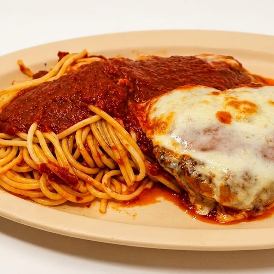 Spaghetti with red sauce and a chicken parmesan cutlet covered in melted cheese on a beige plate.